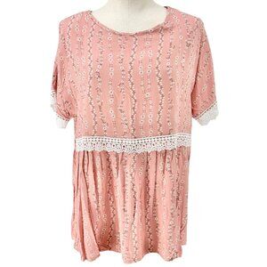 Haptics Blouse Womens M Pink Floral Print Pullover Short Sleeves Lace Details